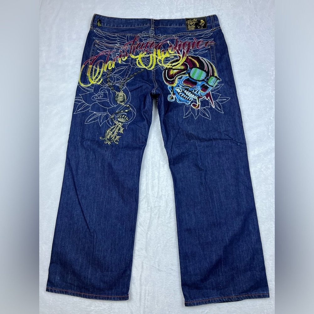 Vintage Y2K Christian Audigier Skull Embroidered Denim Jeans 42x32